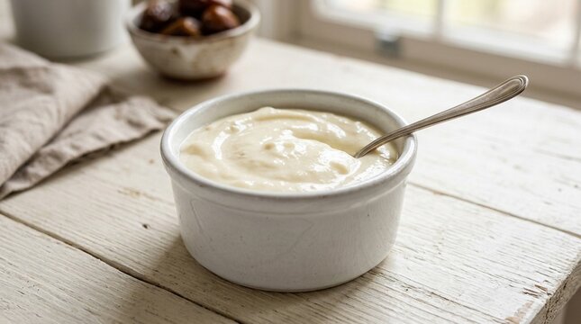Egyptian Buffalo Milk Cream in White Ramekin - Rich Traditional Dairy Product Thick Cream, Overhead Studio Food Photography White Background