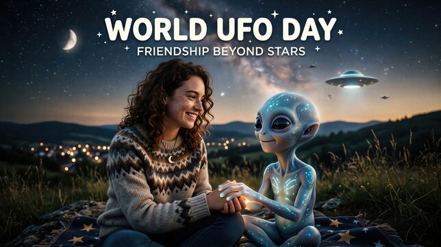 Woman sitting on hill holding hand of alien under starry night sky. World UFO Day celebration concept. Human meeting extraterrestrial friend for peaceful connection and future contact.