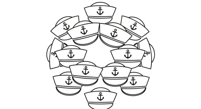 Circular arrangement of white sailor hats with black anchor symbols in line art illustration