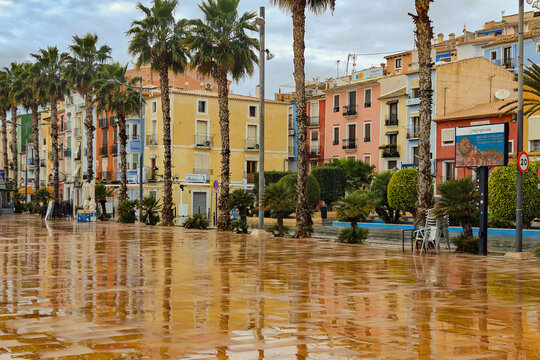 Villajoyosa, Spain - December 27, 2025: View to La Vila Joiosa old town after rain. Villajoyosa is charming coastal town in Spain, famous for its historic colorful houses, beaches, chocolate industry