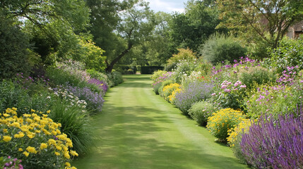 Obraz premium Garden path winding through colorful blooming flower beds and lush green trees leading to a distant building