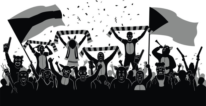 Black and White Crowd Celebration with Flags and Banners, Vector Illustration for Protest, Rally, or Event Posters