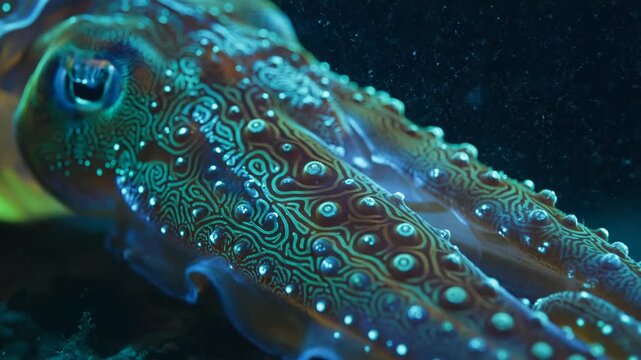 Close-up of vibrant cuttlefish with glowing patterns underwater