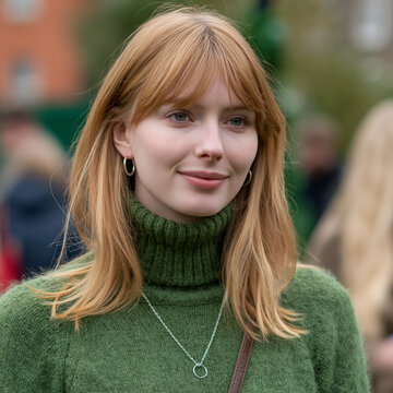 Young woman with strawberry blonde hair and bangs wearing a green turtleneck and silver jewelry
