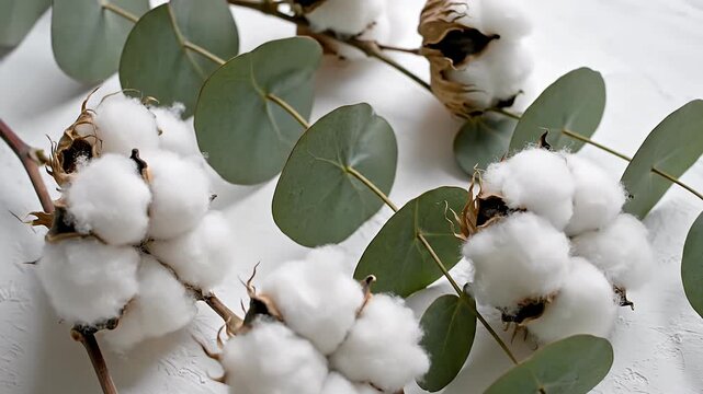 Dried cotton bolls and green eucalyptus branches layout.