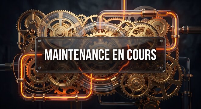3D Polished Gold Gears with "MAINTENANCE EN COURS" Glass Banner