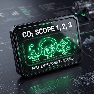 Premium 3D Smoked Glass Badge with "CO2 SCOPE 1, 2, 3" Text and Neon Diagram