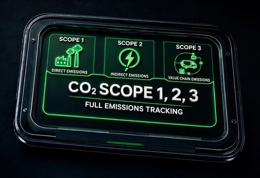 Premium 3D Smoked Glass Badge with "CO2 SCOPE 1, 2, 3" Text and Neon Diagram