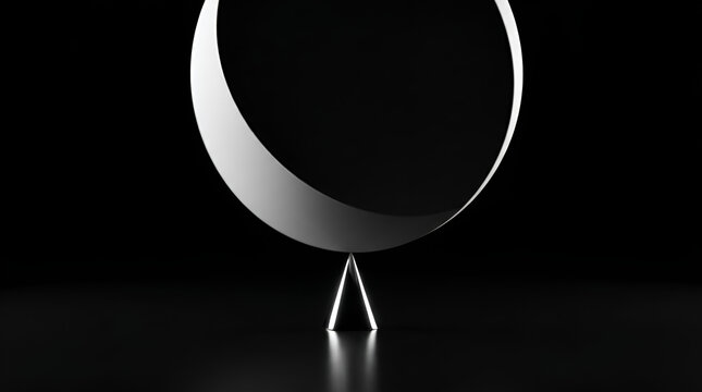 Minimalist 3D render of a white crescent balancing on a metallic cone