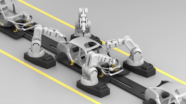 Automotive manufacturing concept. Stylized 3D animation of welding robots on an assembly line working on a car frame.