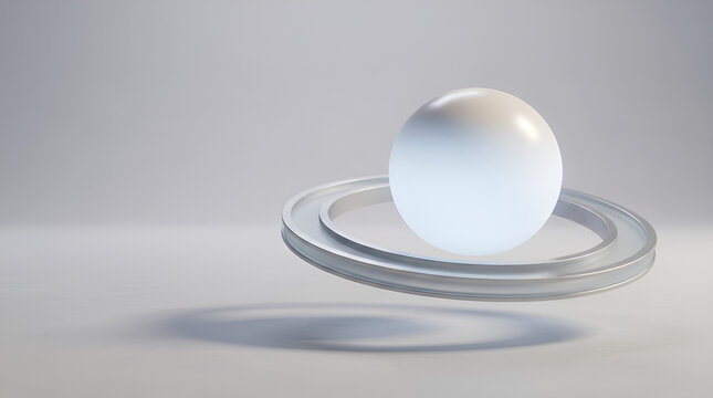 Minimalist 3D abstract glowing sphere floating within metallic rings.