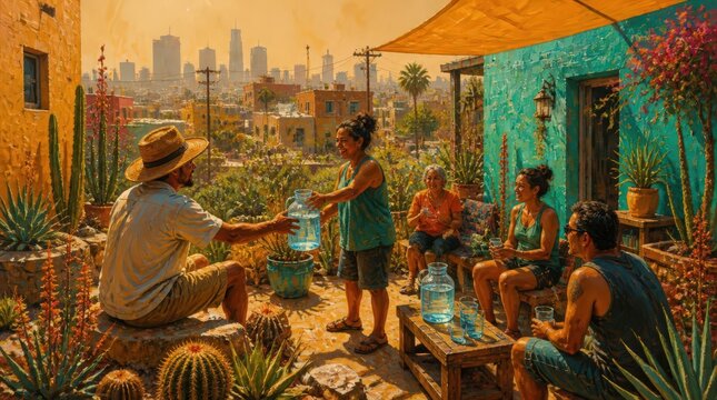 Community gathering shares water amidst sweltering urban heat and arid landscape, fostering connection and resilience in a vibrant, sundrenched setting.