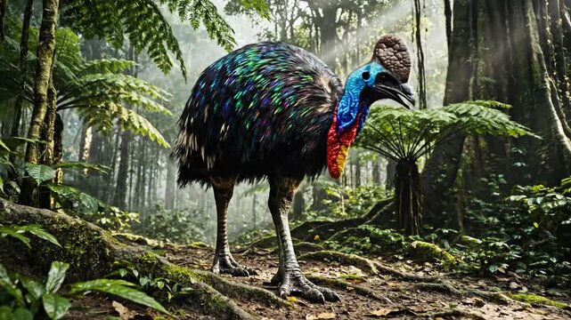 Majestic Cassowary Bird Strides Through a Lush Tropical Rainforest