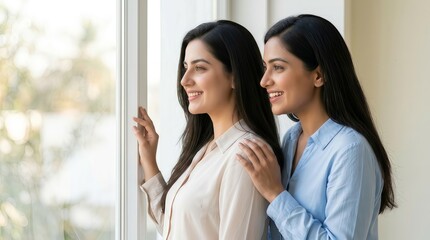 Obraz premium Two young women looking out a window together