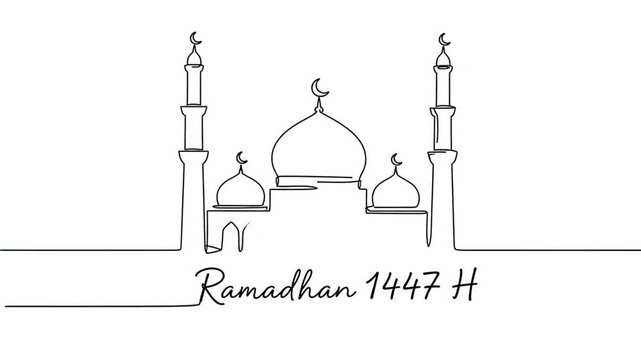 Continuous line drawing of an Islamic mosque dome on white background.