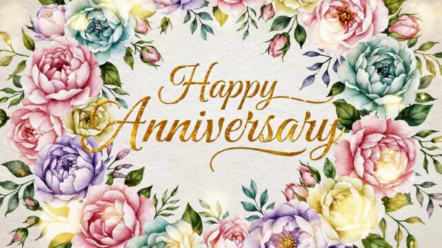 Colorful floral wreath with 'Happy Anniversary' golden script