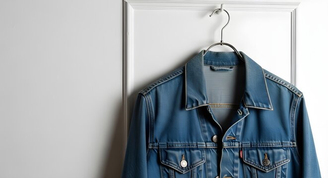 Denim jacket hanging on a metal hanger against a white wall. Concept of minimalistic fashion, casual wardrobe, stylish clothing, contemporary design, and modern apparel presentation.