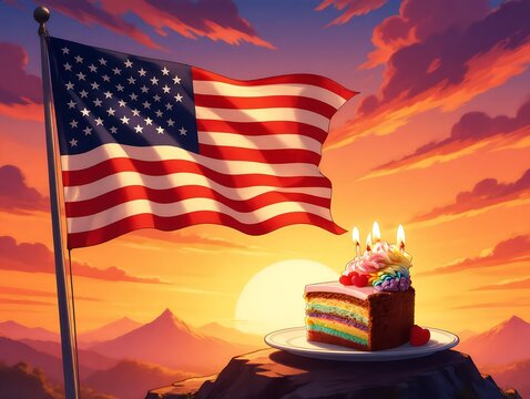 American flag waving next to a rainbow cake slice at sunset