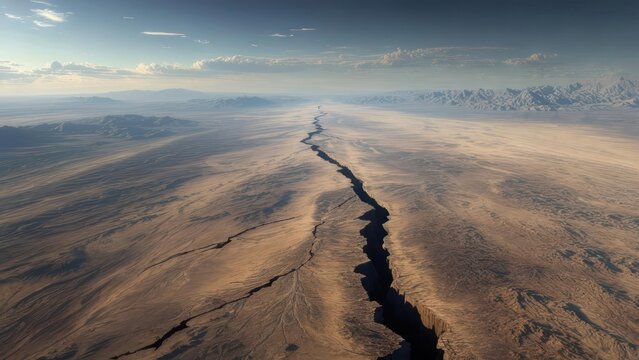 A vast desert valley with a deep fissure