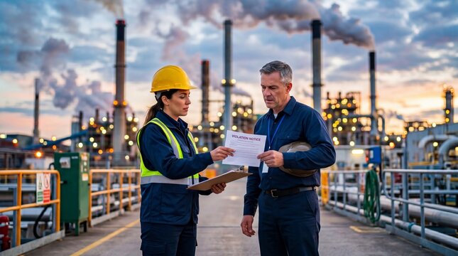 Woman inspector and man engineer working at industrial plant with violation notice. Environmental pollution control and ecology compliance. Safety audit at factory with smoke chimney