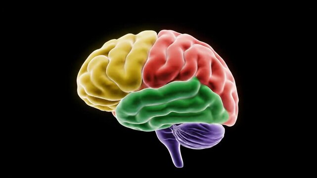 Colorful human brain illustration with distinct lobes on black background