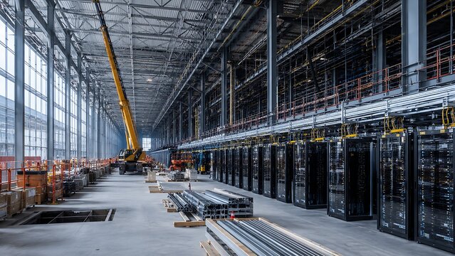 Large Scale Data Center Under Construction with Server Infrastructure Deployment, Cloud Computing Expansion, Artificial Intelligence Operations and Enterprise Technology Development Concept