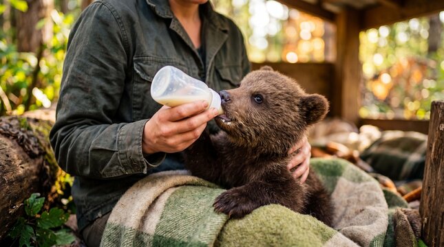 Woman volunteer feeding baby bear with a bottle in a forest. Wildlife rescue and rehabilitation of orphaned animal. Conservation of ecology and nature, animal care environment