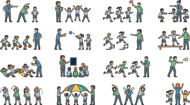 Set of illustrations depicting physical education classes with children and instructors.