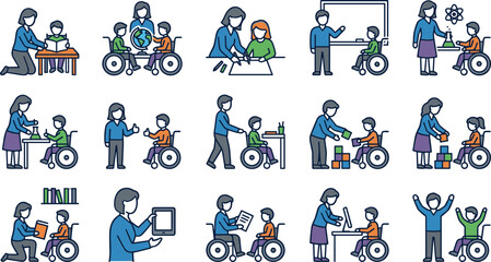Fototapeta premium Inclusive education set with teachers helping children in wheelchairs.