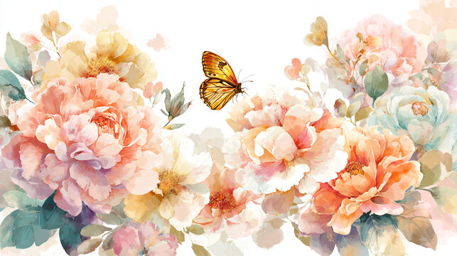 watercolor botanical butterfly and Carnation flowers texture template background.Elegant wedding invitation card background . Minimal hand painted Design for wedding or Valentine's Day 