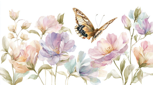 watercolor botanical butterfly and Carnation flowers texture template background.Elegant wedding invitation card background . Minimal hand painted Design for wedding or Valentine's Day 