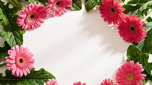 Pink gerbera daisies framing white empty space.