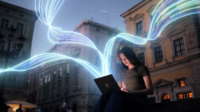 A young brunette woman sits on city steps at night, working on her laptop surrounded by futuristic glowing data streams that symbolize high-speed fiber optic internet. Global Digital Network