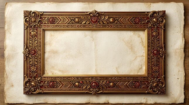 Ornate gold picture frame on aged parchment paper