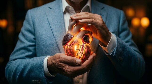 Glowing human heart in protective hands healthcare concept