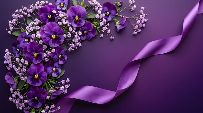 Purple pansy flowers with ribbon on dark background