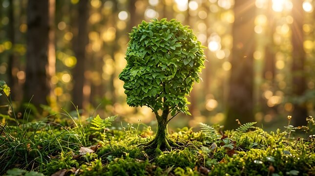 Young tree sapling in lush forest undergrowth sunlight