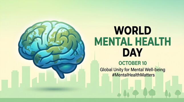 World mental health day illustration with brain and cityscape