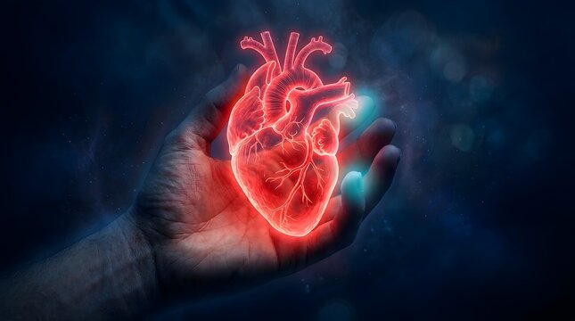 Glowing human heart in palm of hand medical illustration