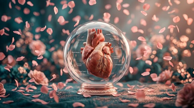 Anatomical heart model in glass globe with rose petals
