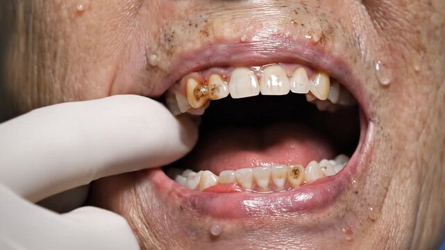 Dentist examining elderly patient's mouth with severe tooth decay and gum inflammation