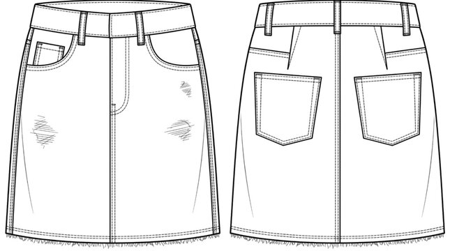 CAD technical drawing of a denim skirt with distressed details, front and back view