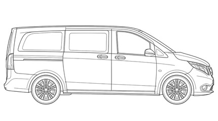 Side profile view of a modern passenger transport minivan in a professional CAD technical line art blueprint format for automotive design © Rishi