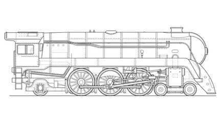 Detailed CAD Blueprint of a Vintage Steam Locomotive Engine Side Profile Industrial Design © Rishi
