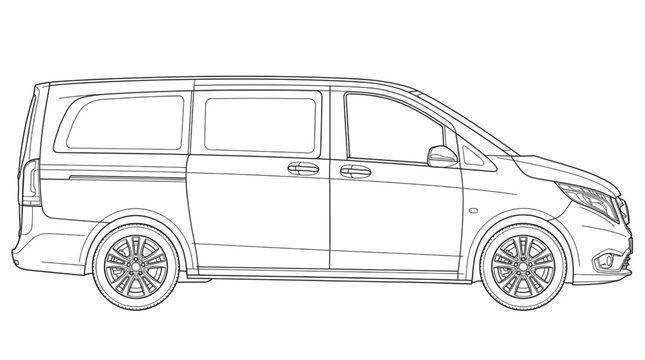 Side profile view of a modern passenger transport minivan in a professional CAD technical line art blueprint format for automotive design