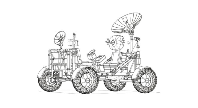 Detailed CAD 3D Wireframe Rendering of a Lunar Exploration Rover Vehicle Designed for Extraterrestrial Terrain Investigation