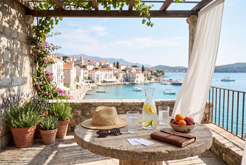 Obraz premium Sunny Terrace with Coastal Town Sea View