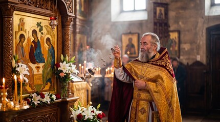 Obraz premium Priest swinging censer during Orthodox church service. Clergyman performing religious rite in cathedral on Pentecost. Christian ritual with incense and holy icon celebration