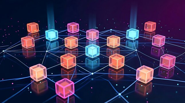 Abstract network of interconnected glowing cubes representing blockchain technology, data transfer, and decentralized systems in a futuristic digital space.