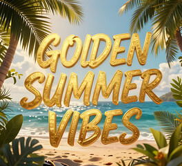 Obraz premium Golden Summer Vibes typography with tropical leaves and ocean backdrop